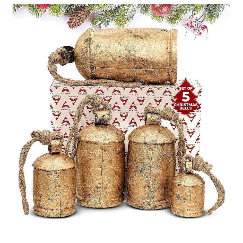 Akatva Large Brass Cow Bells for Rustic Christmas Decor - Set of 5 Vintage